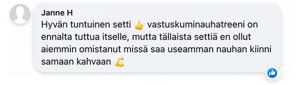 Asiakaspalaute: "Hyvän tuntuinen setti vastuskuminauhatreeni on ennalta tuttua itselle, mutta tällaista settiä en ollut aiemmin omistanut missä saa useamman nauhan kiinni samaan kahvaan"