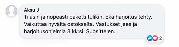 Asiakaspalaute: "Tilasin ja nopeasti paketti tulikin. Eka harjoitus tehty. Vaikuttaa hyvältä ostokselta. Vastukset jees ja harjoitusohjelmia 3 kk:si. Suosittelen."