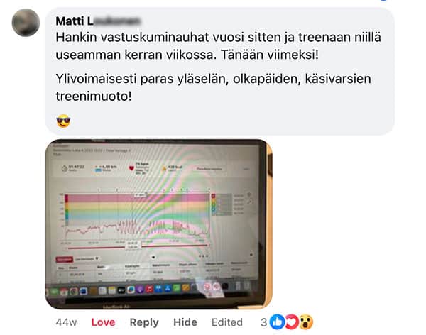 Asiakaspalaute: "Hankin vastuskuminauhat vuosi sitten ja treenaan niillä useamman kerran viikossa. Tänään viimeksi! / Ylivoimaisesti paras yläselän, olkapäiden, käsivarsien treenimuoto!"