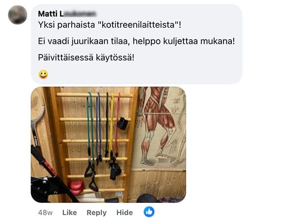Asiakaspalaute: "Yksi parhaista "kotitreenilaitteista"! / Ei vaadi juurikaan tilaa, helppo kuljettaa mukana! / Päivittäisessä käytössä!"