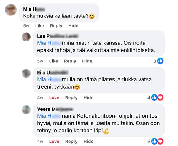 Kuvakaappaus keskustelusta: "Kokemuksia kellään tästä?" / "minä mietin tätä kanssa. Ois noita epassi rahoja ja tää vaikuttaa mielenkiintoiselta." / "mulla on tämä pilates ja tiukka vatsa treeni, tykkään" / "nämä Kotonakuntoon- ohjelmat on tosi hyviä, mulla on tämä ja useita muitakin. Osan oon tehny jo pariin kertaan läpi"
