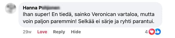 Asiakaspalaute: "Ihan super! En tiedä, sainko Veronican vartaloa, mutta voin paljon paremmin! Selkää ei särje ja ryhti parantui."