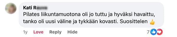 Asiakaspalaute: "Pilates liikuntamuotona oli jo tuttu ja hyväksi havaittu, tanko oli uusi väline ja tykkään kovasti. Suosittelen"