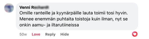 Asiakaspalaute: "Omille ranteille ja kyynärpäille lauta toimii tosi hyvin. Menee enemmän puhtaita toistoja kuin ilman, nyt se onkin aamu- ja iltarutiineissa"