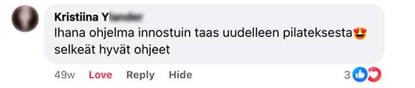 Asiakaspalaute: "Ihana ohjelma innostuin taas uudelleen pilateksesta selkeät hyvät ohjeet"