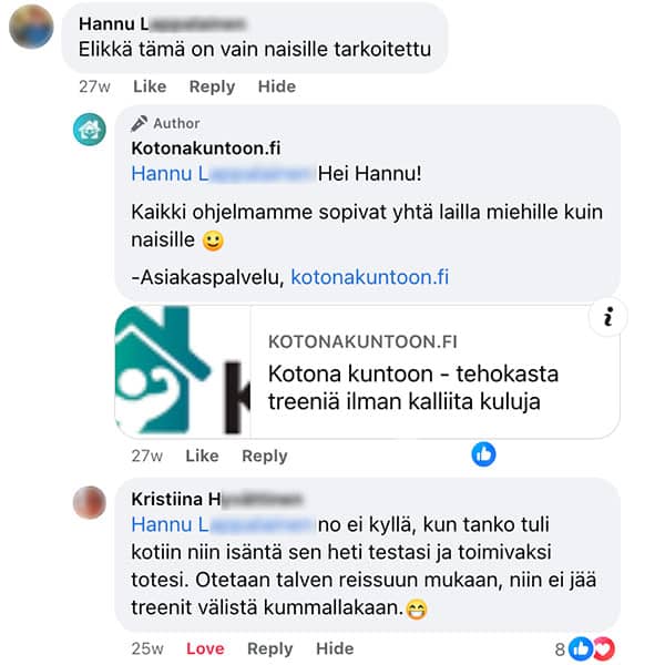 Kuvakaappaus keskustelusta: "Elikkä tämä on vain naisille tarkoitettu" / Kotonakuntoon.fi:n vastaus: "Hei! Kaikki ohjelmamme sopivat yhtä lailla miehille kuin naisille" / "no ei kyllä, kun tanko tuli kotiin niin isäntä sen heti testasi ja toimivaksi totesi. Otetaan talven reissuun mukaan, niin ei jää treenit välistä kummallakaan."