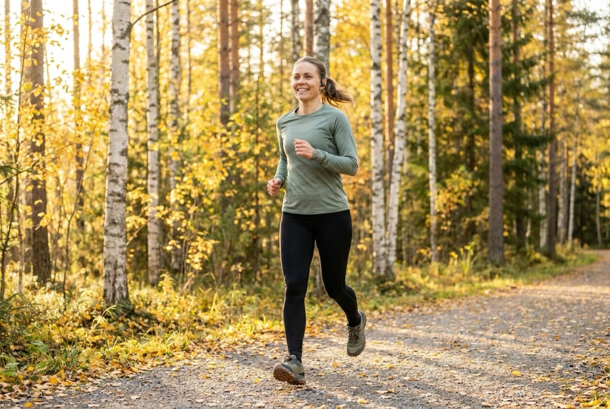Hymyilevä nainen hölkkää syksyisellä metsäpolulla koivujen keskellä aamuauringossa