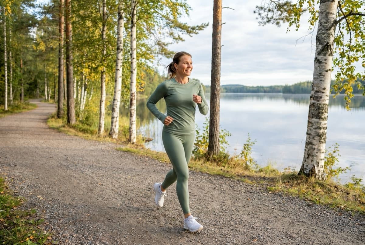 Hymyilevä nainen hölkkää rauhallisesti koivujen reunustamalla hiekkapolulla järven rannalla syysaamuna
