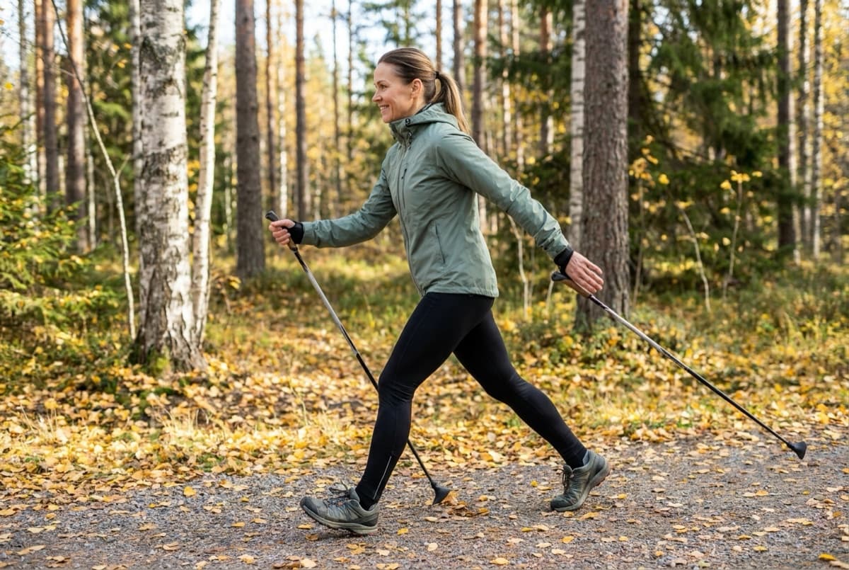 Hymyilevä nainen sauvakävelee reippaasti syksyisellä metsäpolulla koivujen keskellä