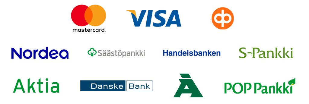MasterCard, Visa, OP, Nordea, Säästöpankki, Handelsbanken, S-pankki, Aktia, Danskebank, Ålandsbanken, POP-pankki