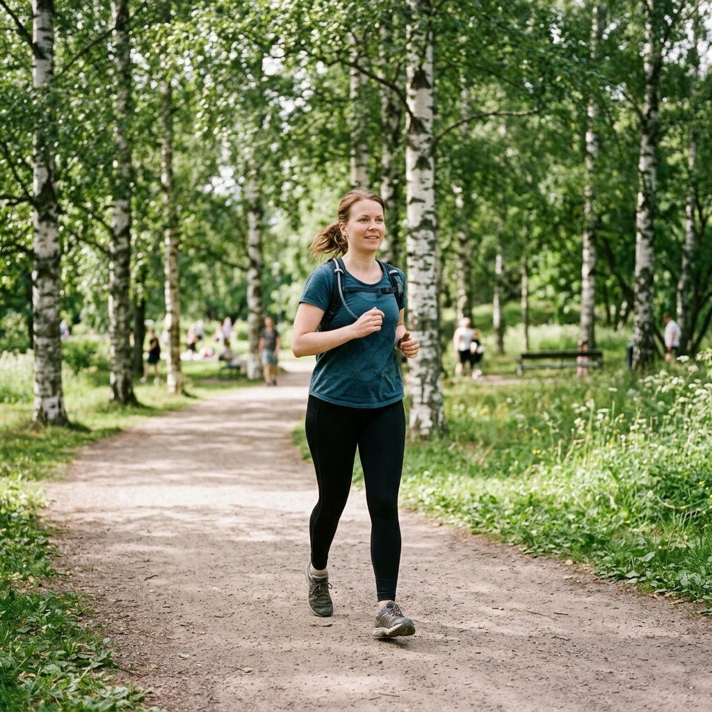 Yli 30-vuotias nainen juoksee koivukujalla