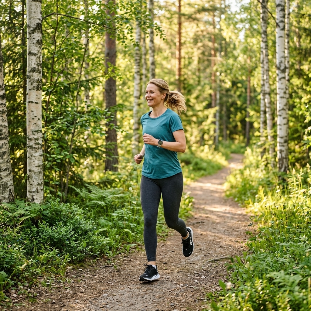 Nainen juoksee kevyesti kesäisellä metsäpolulla